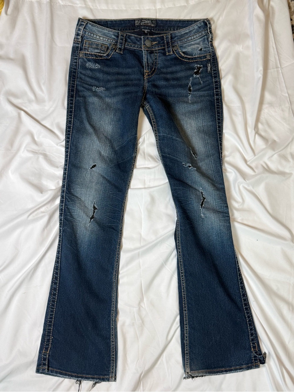 Silver Jeans Dark Blue Bootcut Distressed Denim
